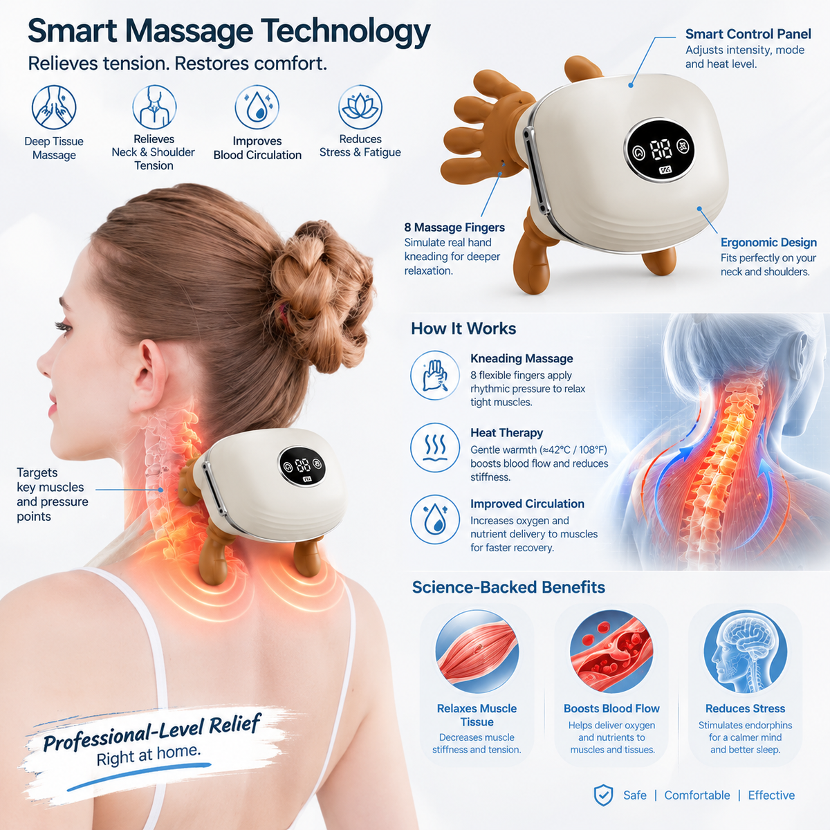 Masseur pour cou et épaules Cervora™ – Masseur de tissus profonds pour la relaxation musculaire, appareil de massage portable pour le cou et les épaules, masseur à pétrissage manuel pour la détente au quotidien et le soulagement des tensions