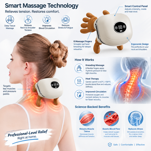 Masseur pour cou et épaules Cervora™ – Masseur de tissus profonds pour la relaxation musculaire, appareil de massage portable pour le cou et les épaules, masseur à pétrissage manuel pour la détente au quotidien et le soulagement des tensions