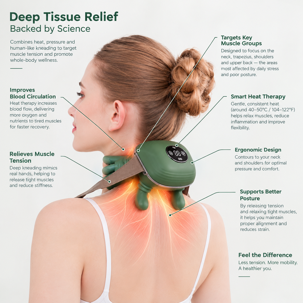 Masseur pour cou et épaules Cervora™ – Masseur de tissus profonds pour la relaxation musculaire, appareil de massage portable pour le cou et les épaules, masseur à pétrissage manuel pour la détente au quotidien et le soulagement des tensions